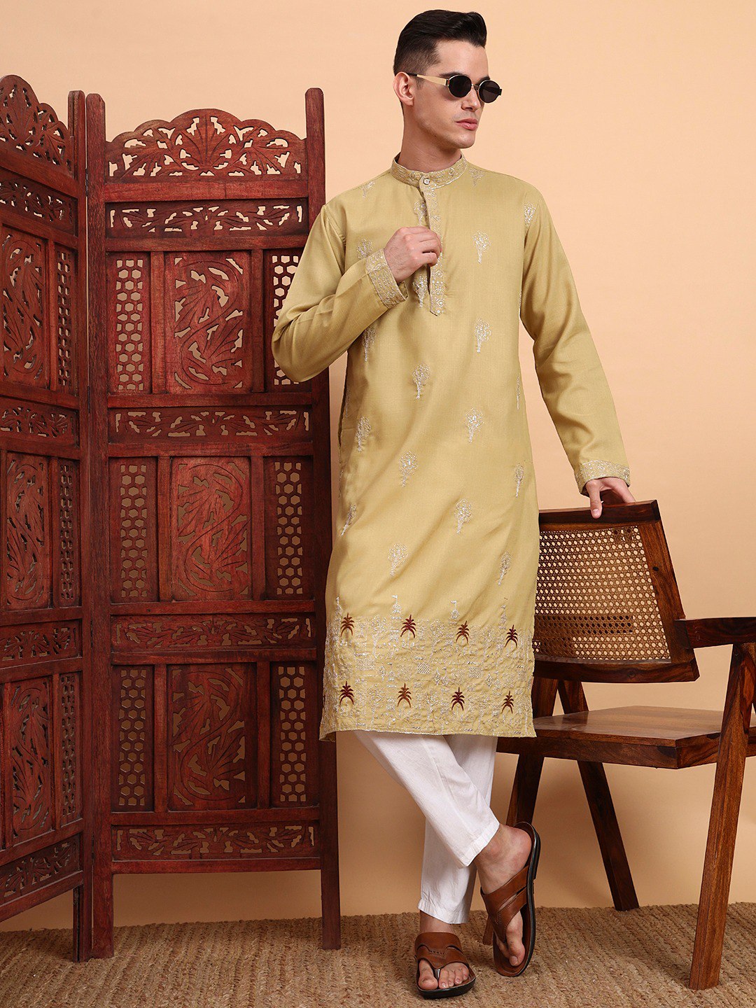 Traditional Wedding Collection Cotton Embroidery Work Men's Kurta