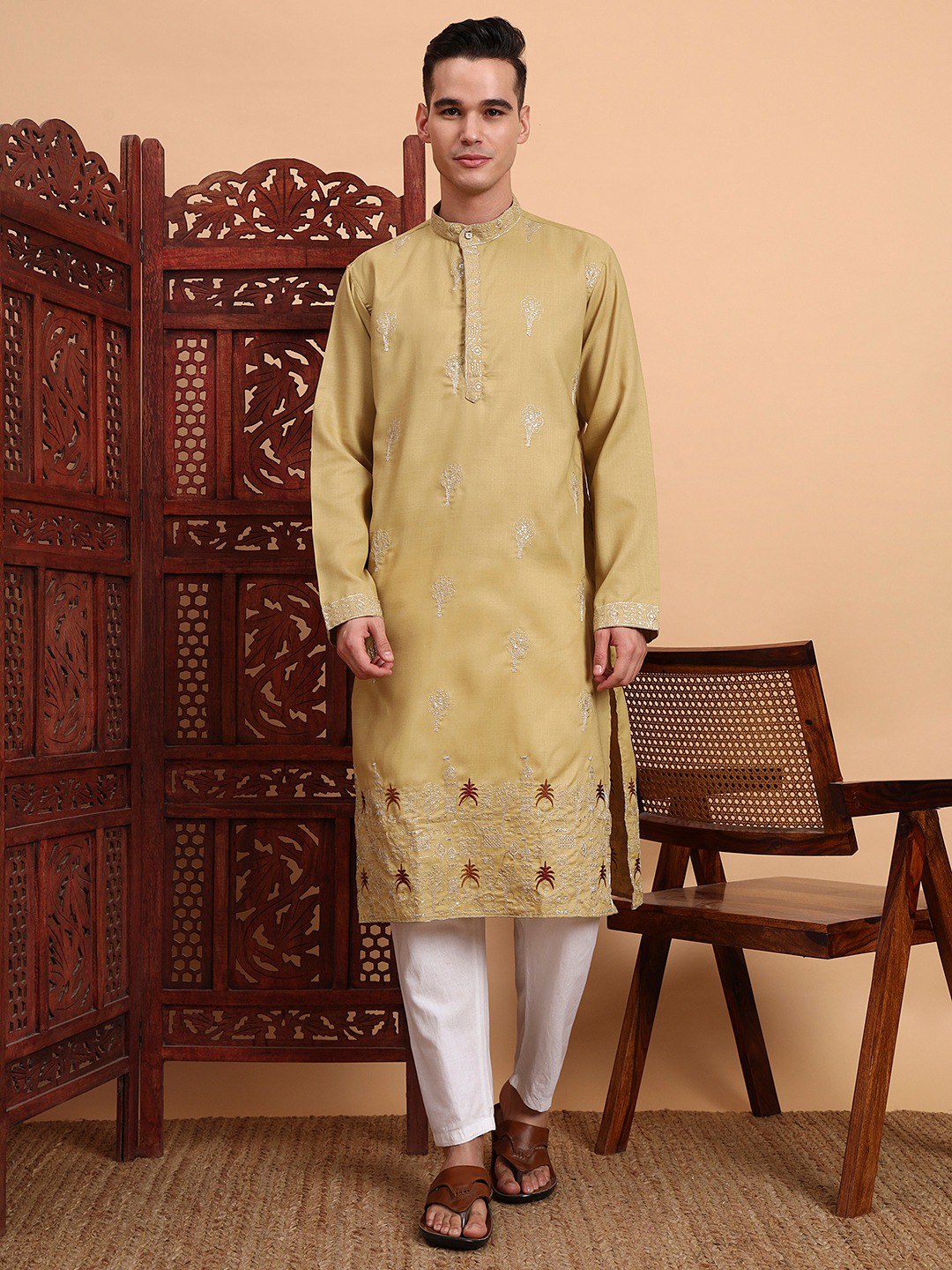 Traditional Wedding Collection Cotton Embroidery Work Men's Kurta