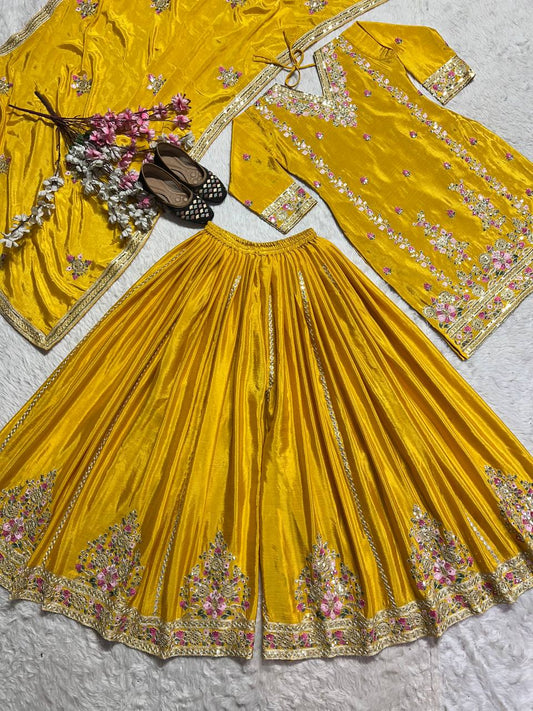 Pure Heavy Chinnon Silk With Heavy Embroidery Coding Sequence Work