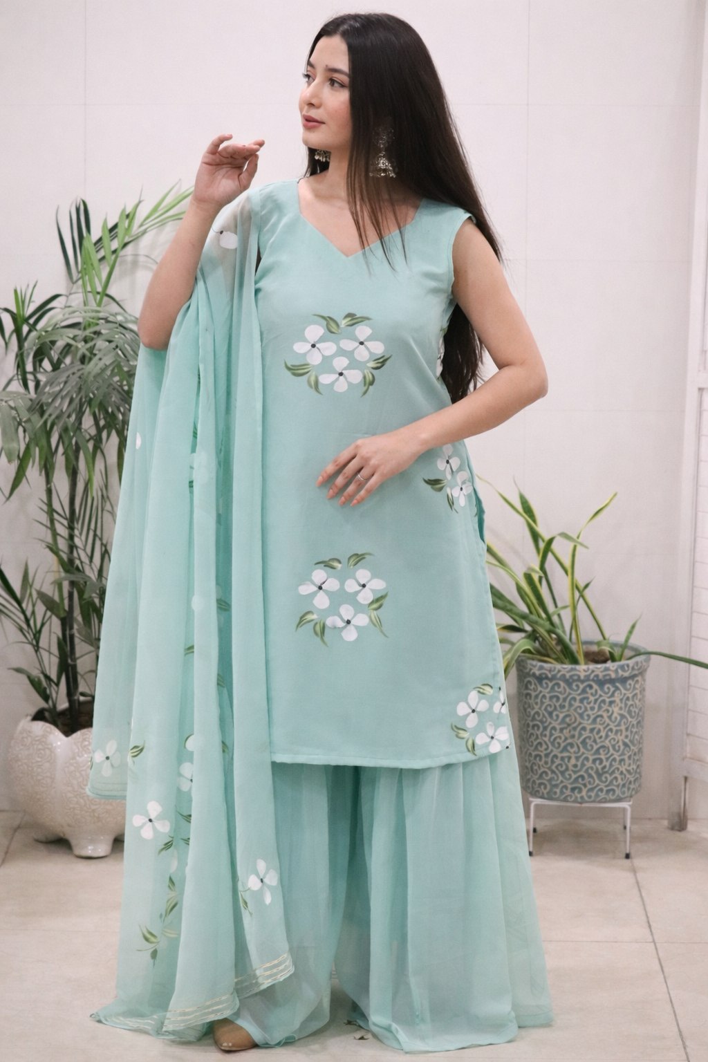 graceful Pure Georgette Hand painted straight-cut kurti