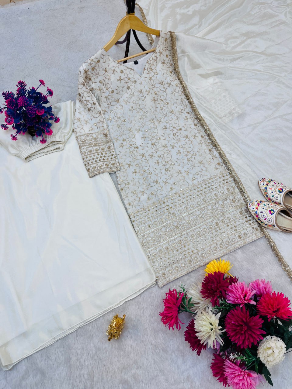 EID SPECIAL SEQUENCE EMBROIDERY ON SILK FABRIC TOP AND PLAZZO WITH DUPATTA