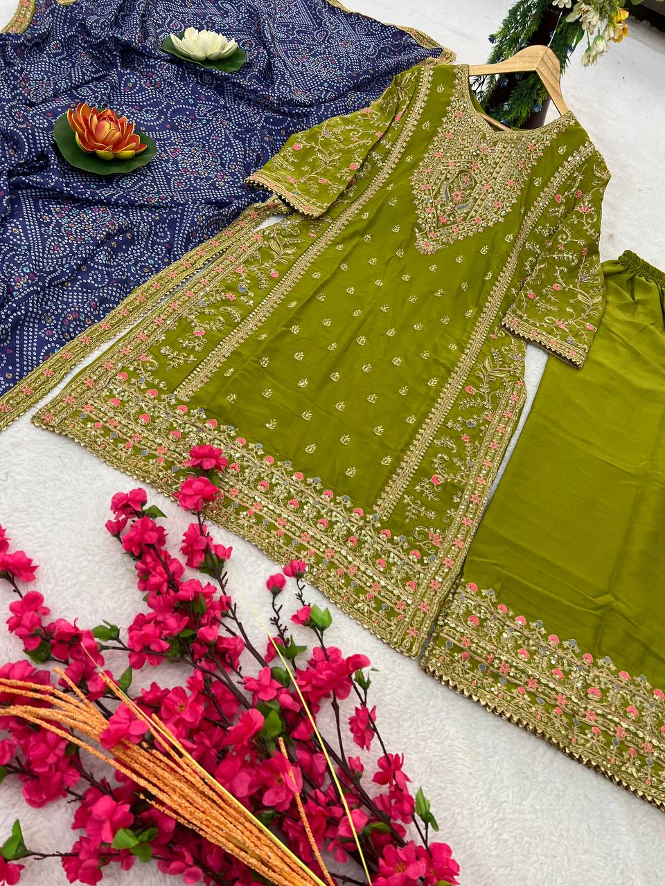 Parrot Coloured Embroidered Attractive Party Wear Chinon