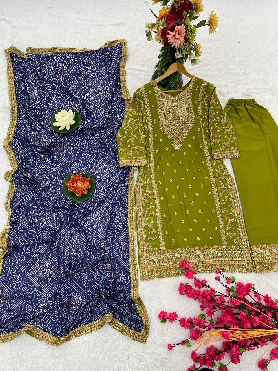 Parrot Coloured Embroidered Attractive Party Wear Chinon