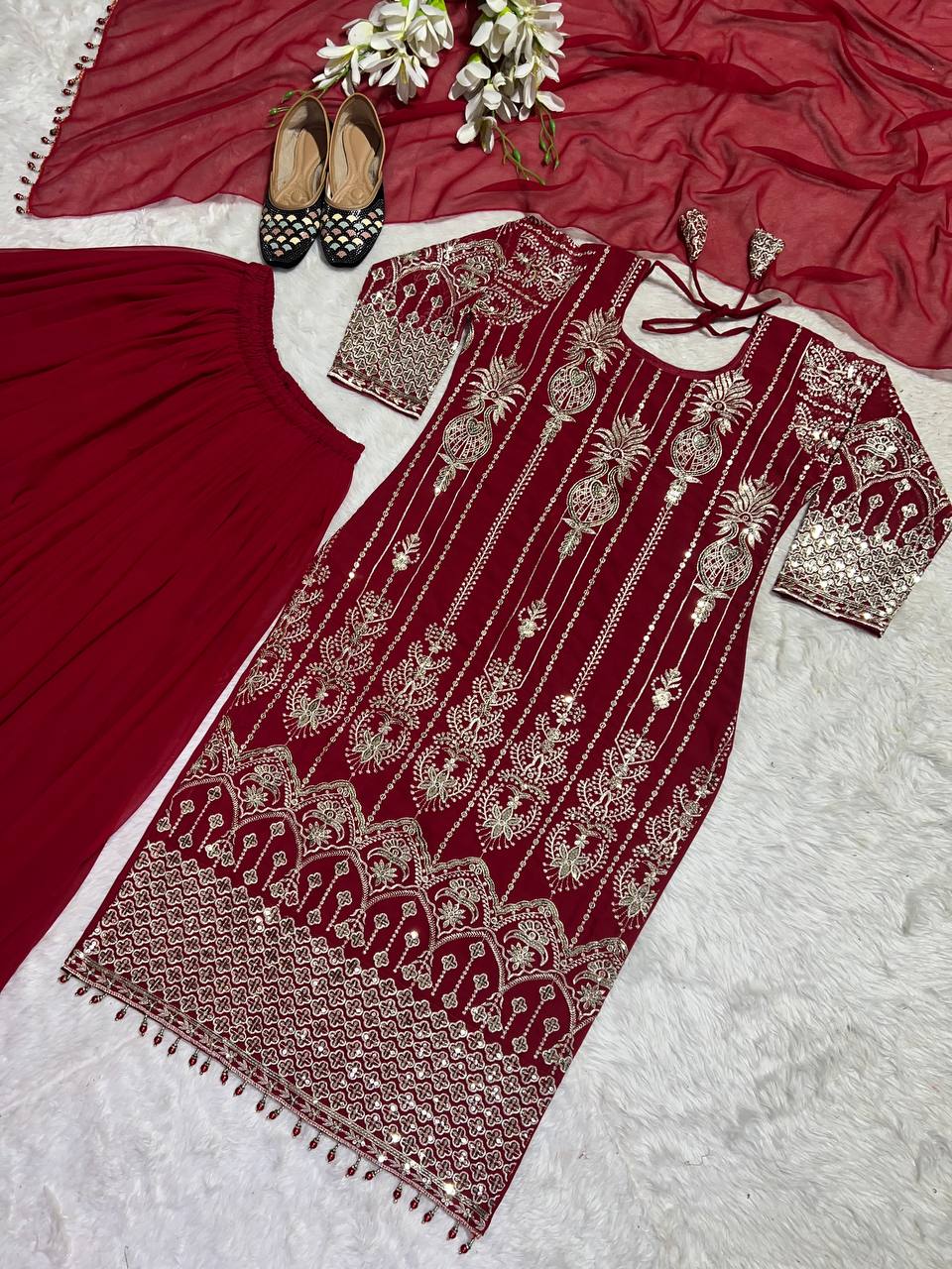 New Designer Party Wear Look Top-Plazzo and Dupatta With Heavy Embroidery Work