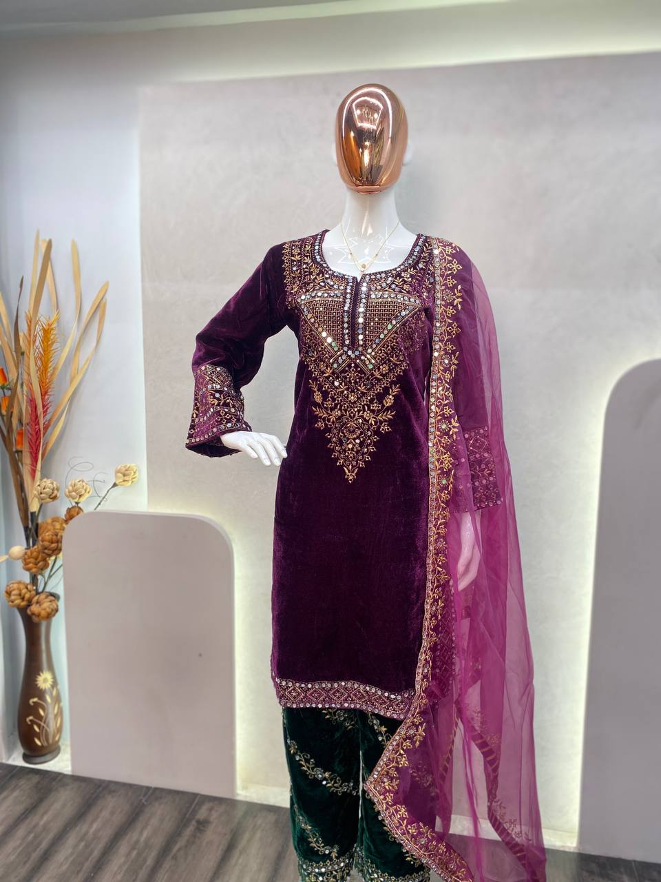 ADORABLE HEAVY VELVET SEQUENCE EMBROIDERY WORK SUIT