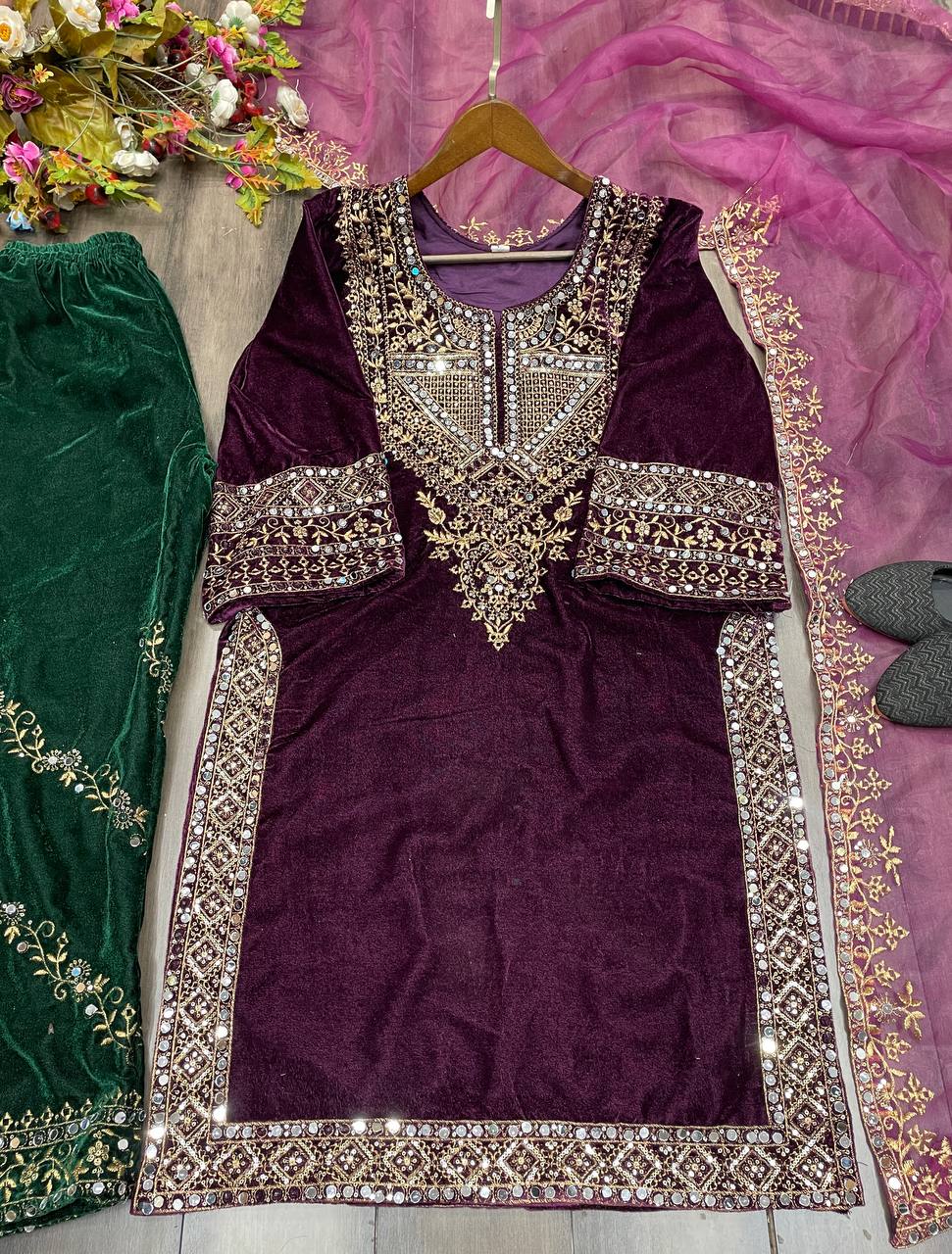 ADORABLE HEAVY VELVET SEQUENCE EMBROIDERY WORK SUIT