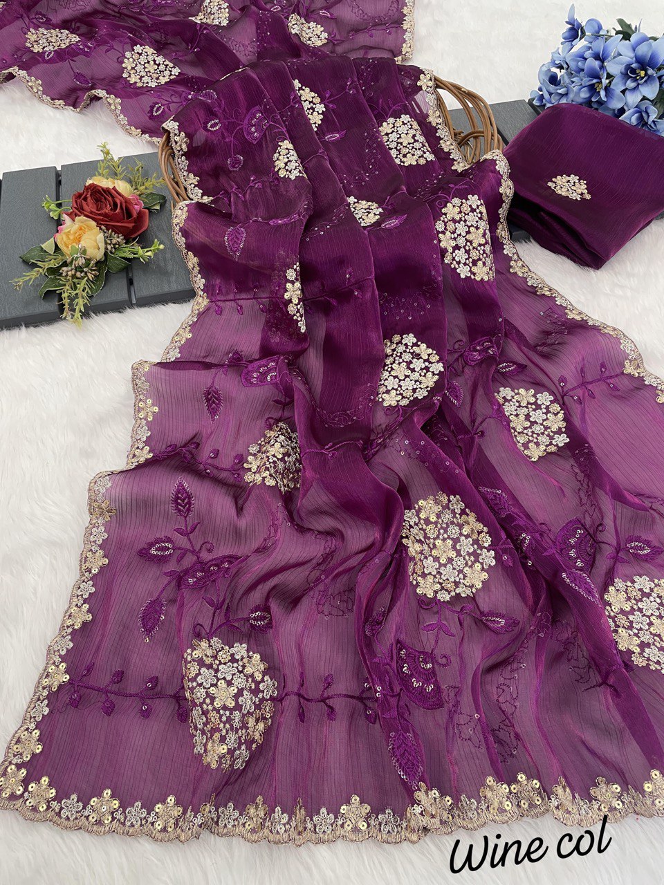 Pure soft blooming zimmy choo chiffon fabric Saree