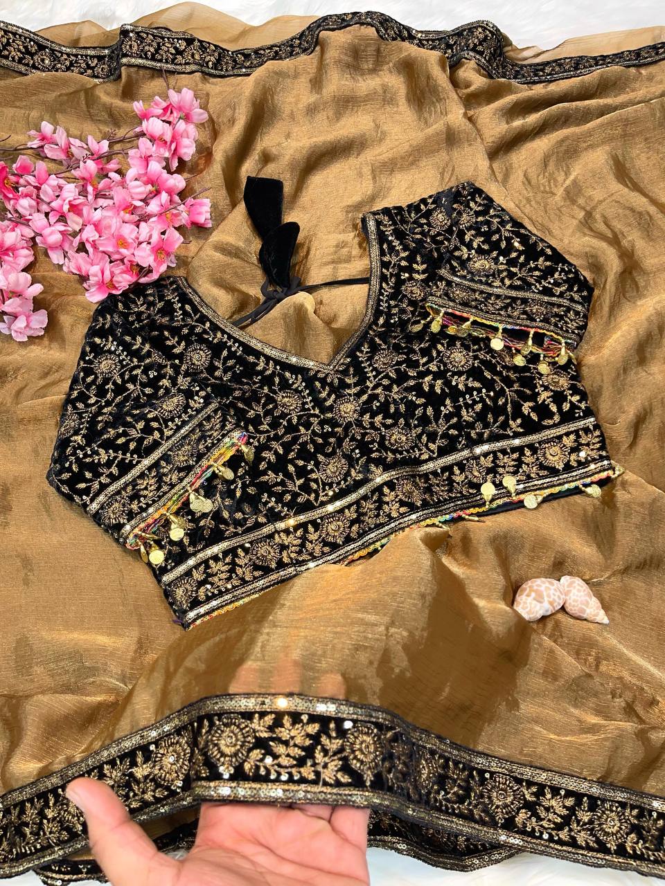 Premium fabric embroidery work Saree