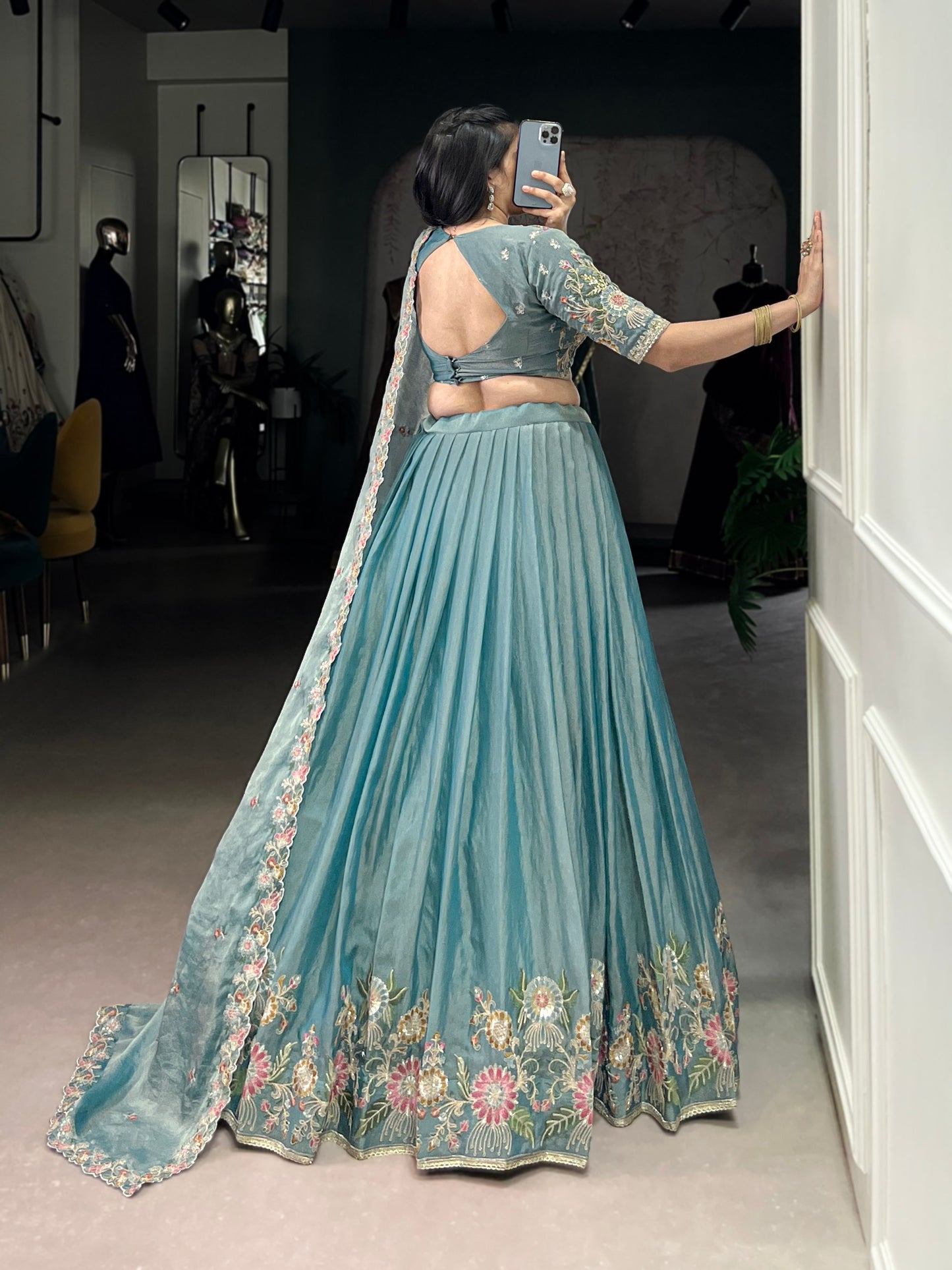 Zari Shimmer Sequins and Thread Embroidery Work Lehenga