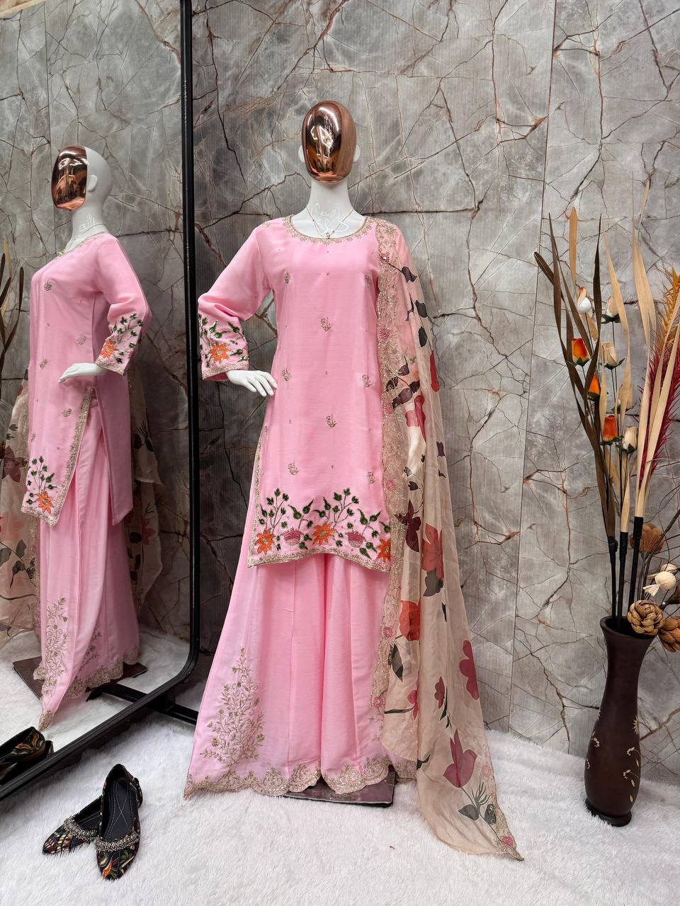 EXCLUSIVE DESIGNER HEAVY CHINON WITH SEQUANCE EMBROIDERY WORK SUIT