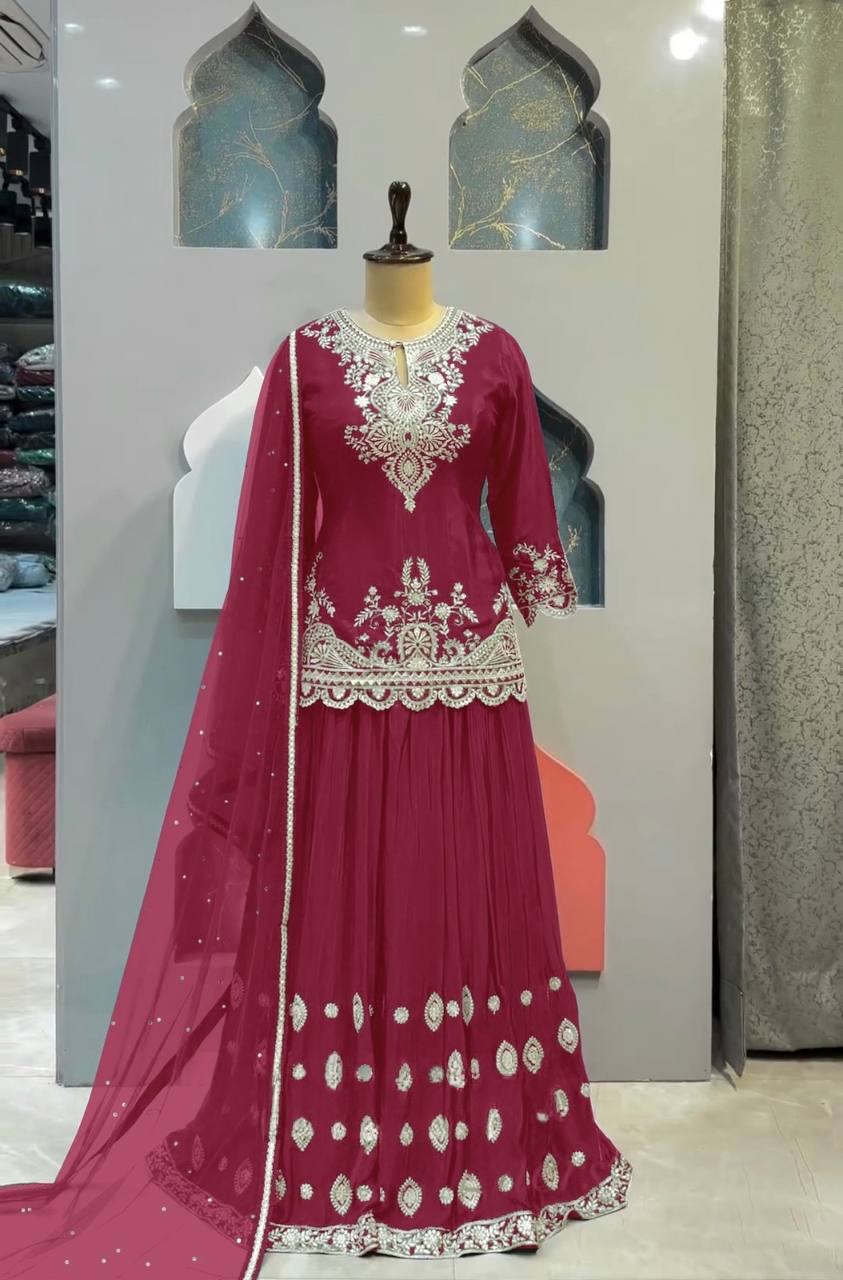 New Designer Long Pakistani Suit Top Sharara and Dupptta In Fancy Style