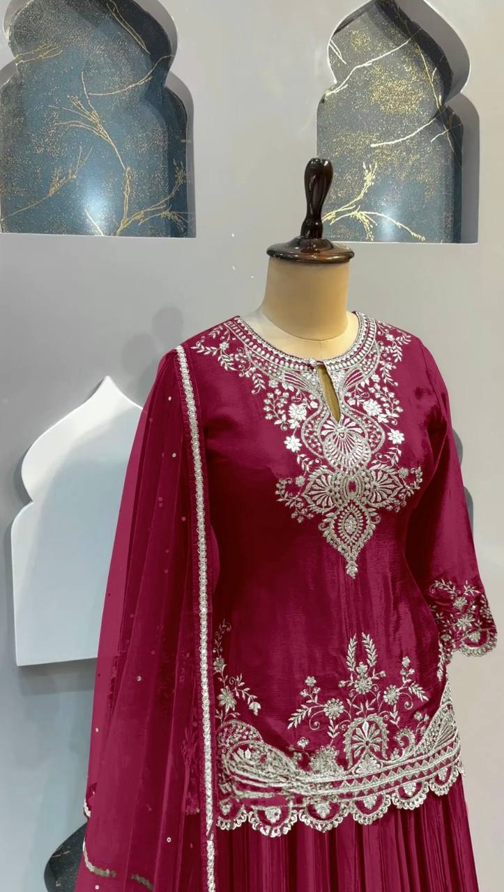 New Designer Long Pakistani Suit Top Sharara and Dupptta In Fancy Style