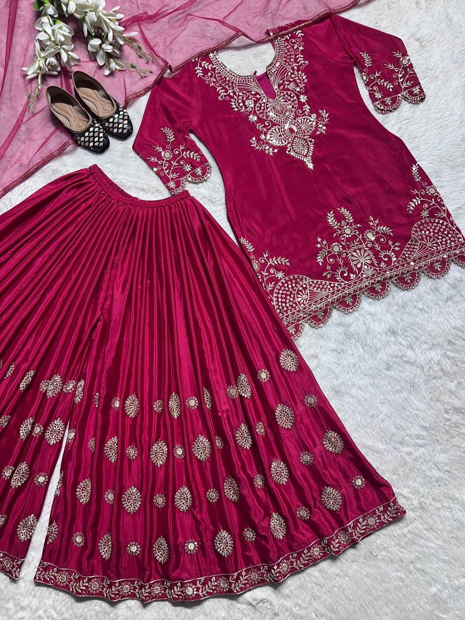 New Designer Long Pakistani Suit Top Sharara and Dupptta In Fancy Style