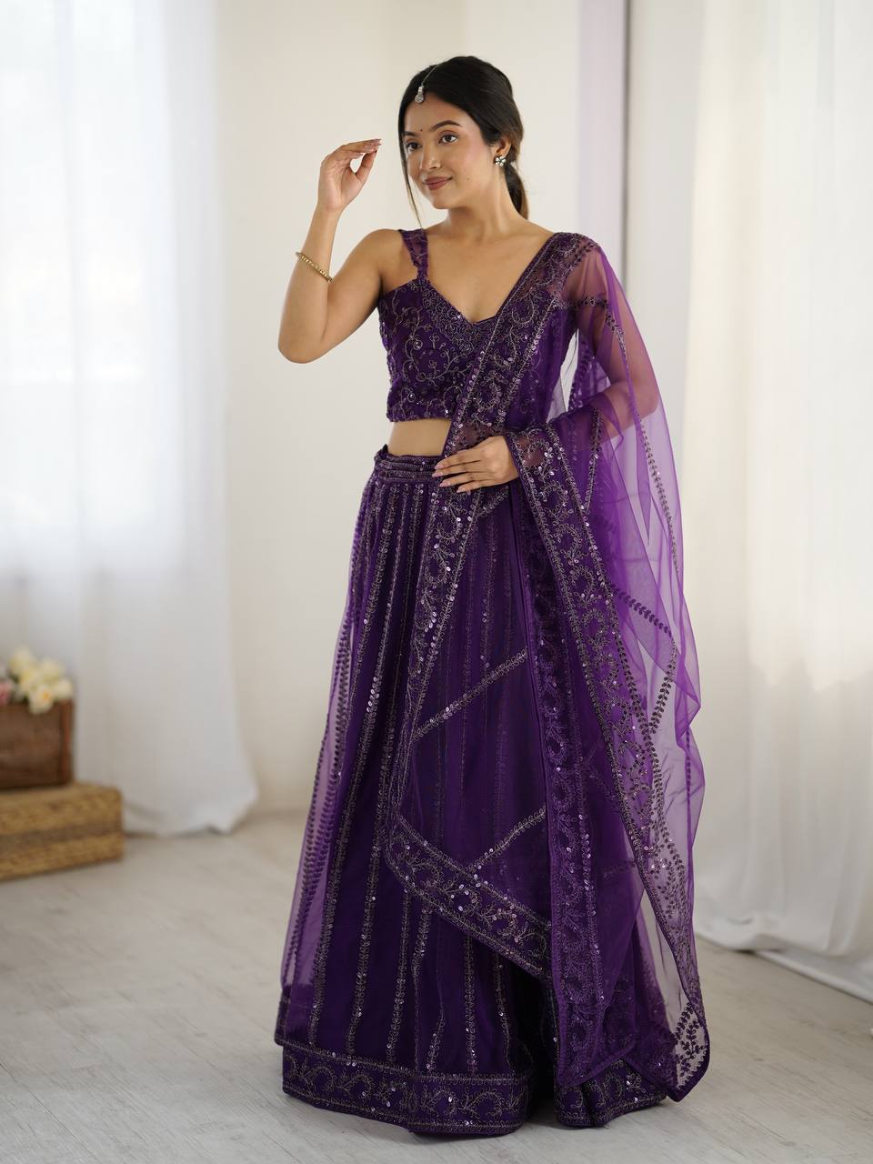 Net lehenga with sequins & Dori work Choli