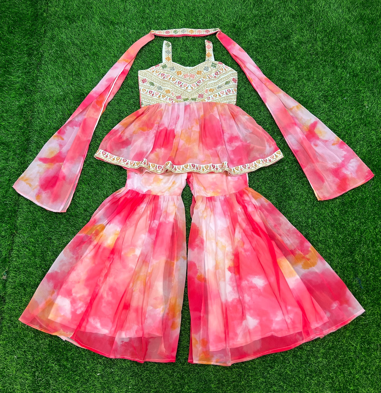 Rose Pink & Green Sharara Set