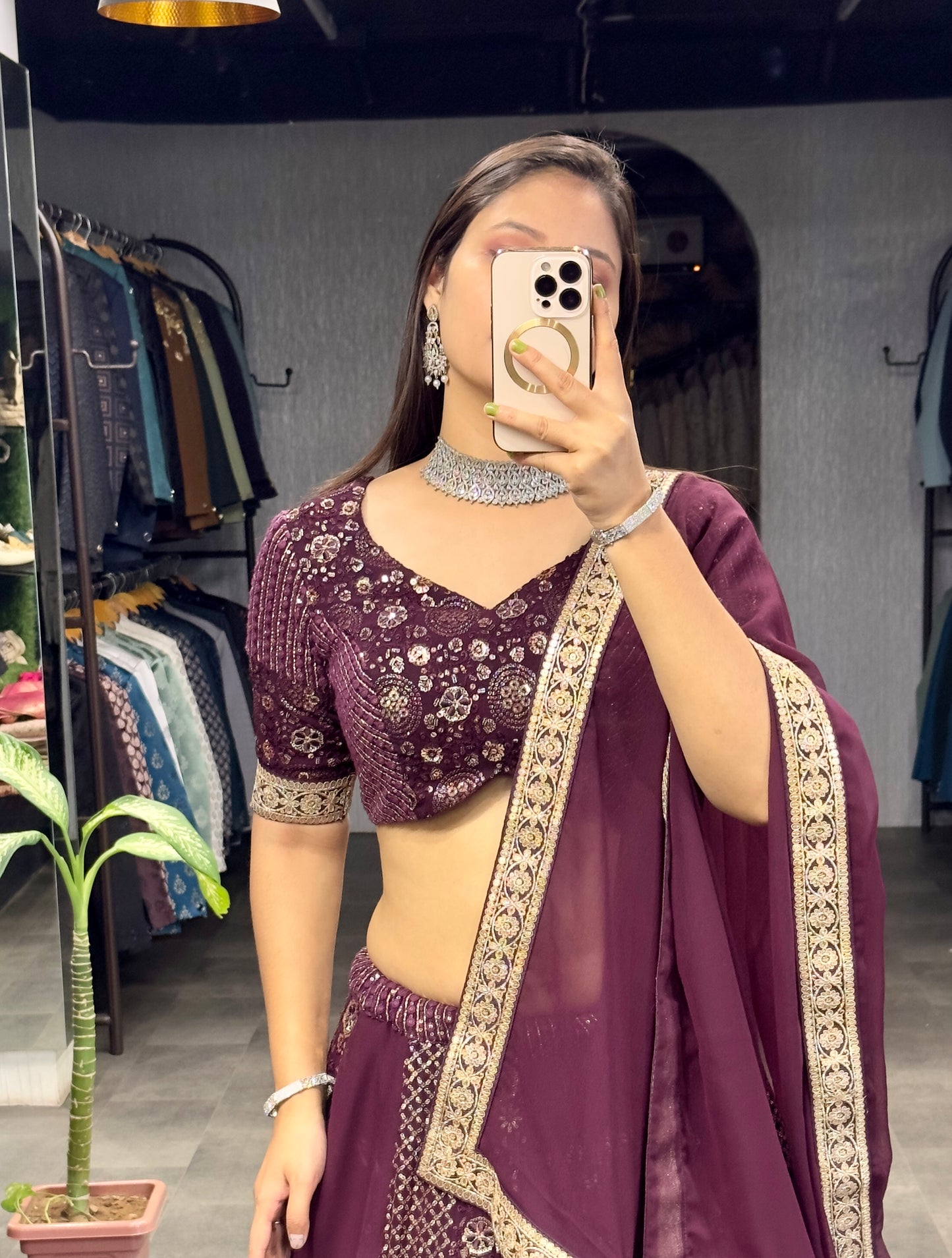 Wine Designer Lehenga* (Full stitched)