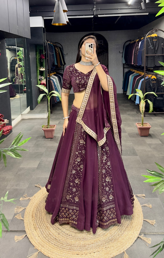 Wine Designer Lehenga* (Full stitched)