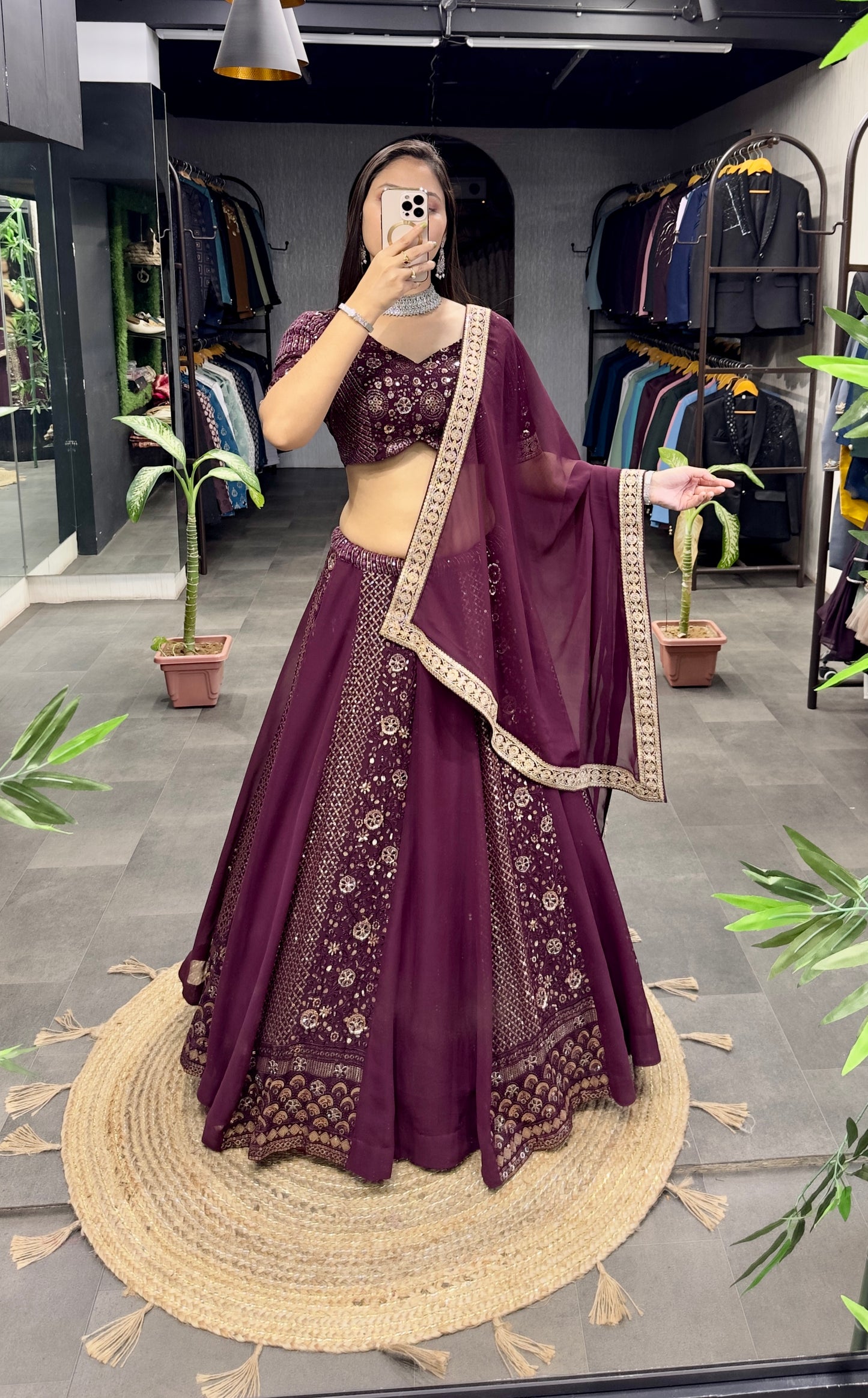 Wine Designer Lehenga* (Full stitched)