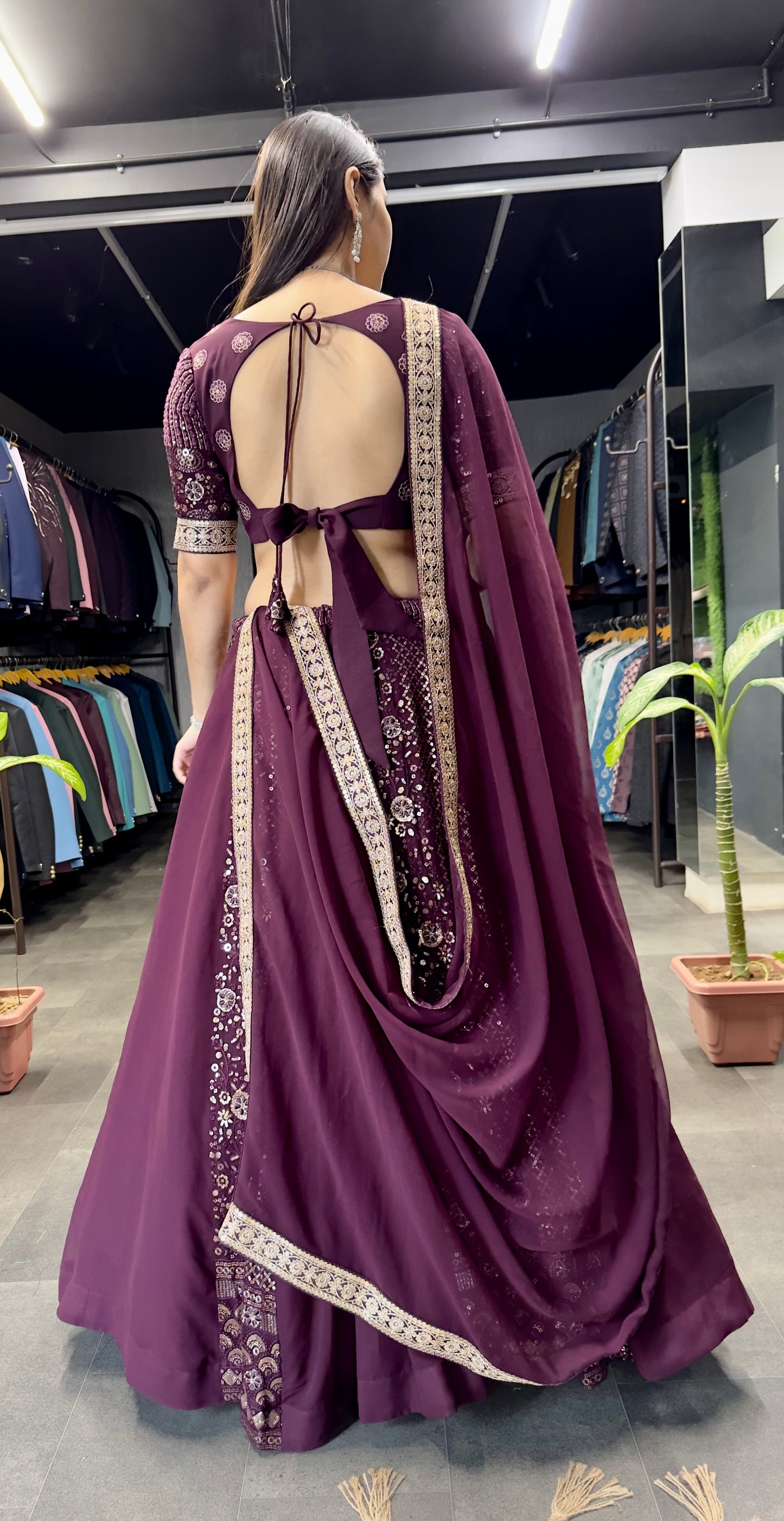 Wine Designer Lehenga* (Full stitched)