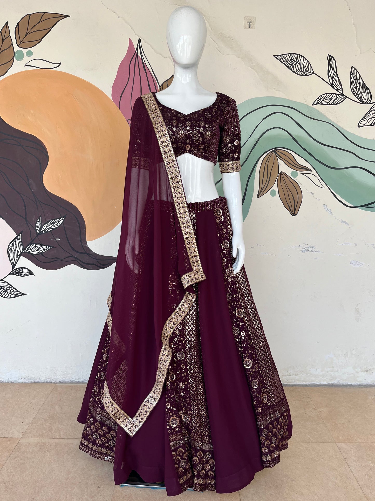 Wine Designer Lehenga* (Full stitched)