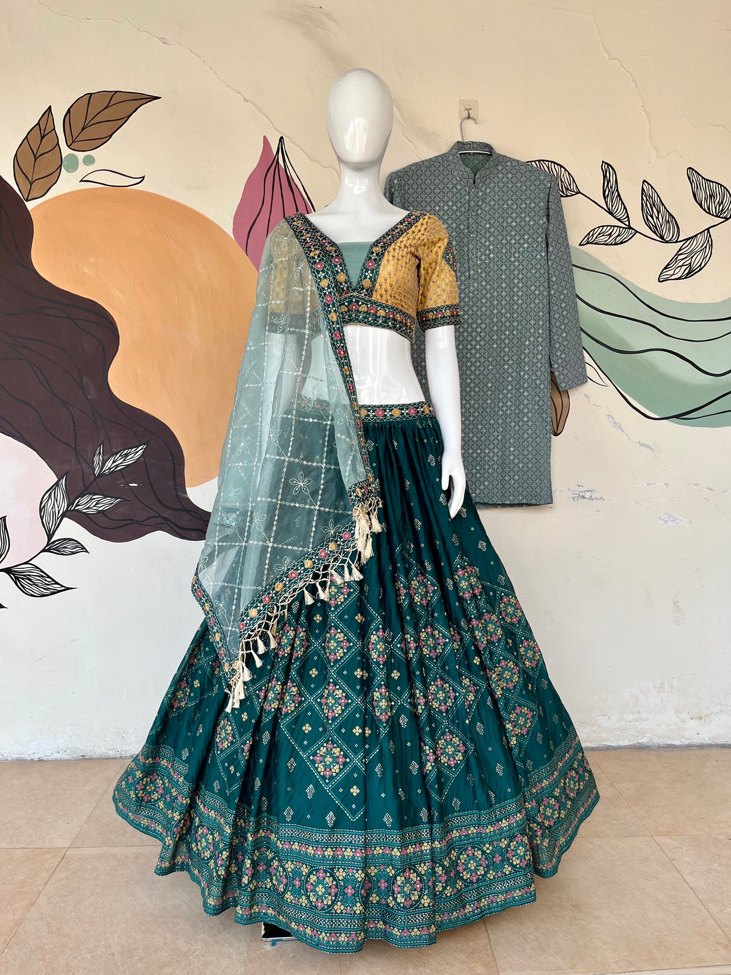 Aqua Green Lahenga Choli (Full Stitched) Couple Set