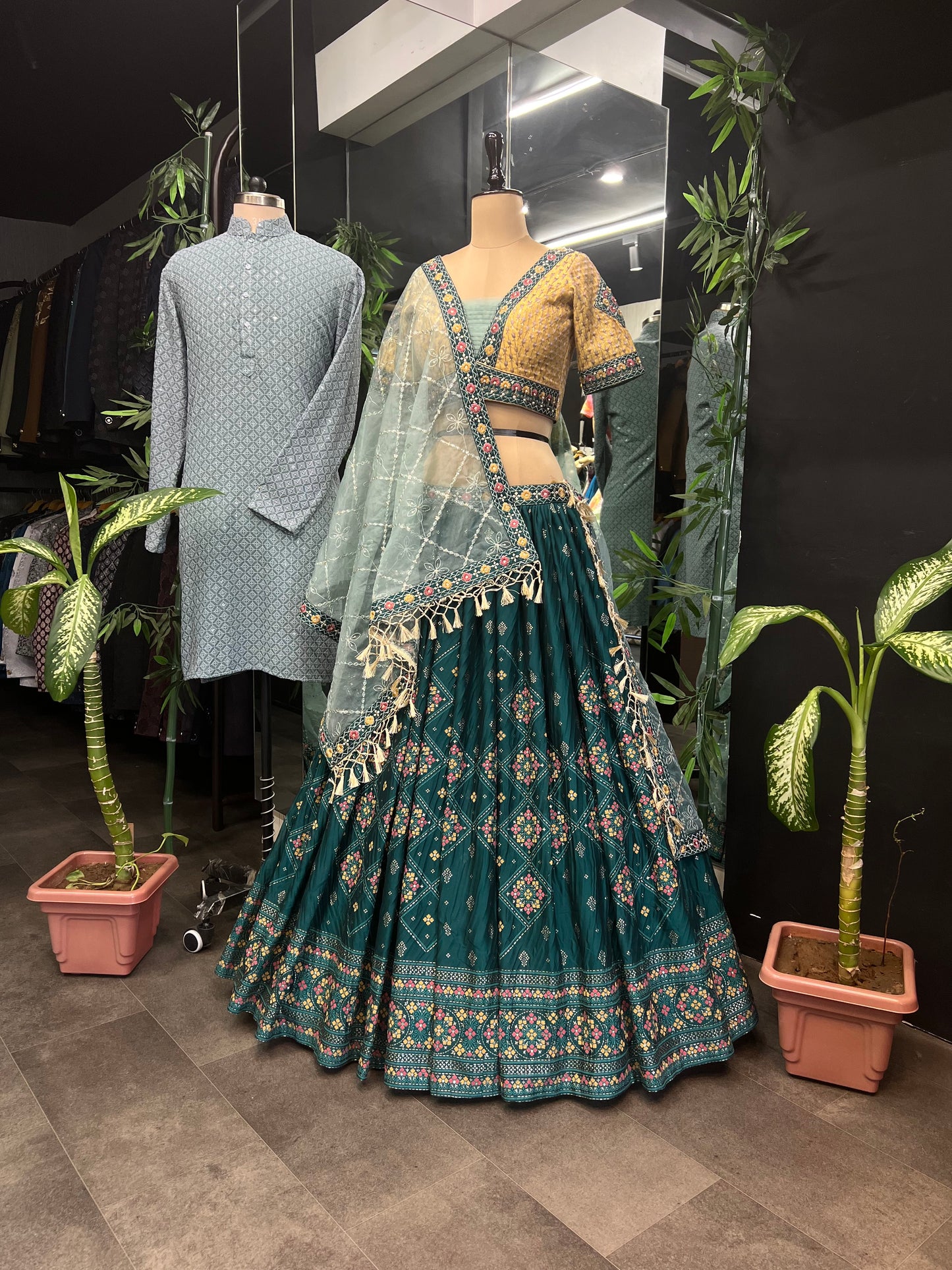 Aqua Green Lahenga Choli (Full Stitched) Couple Set