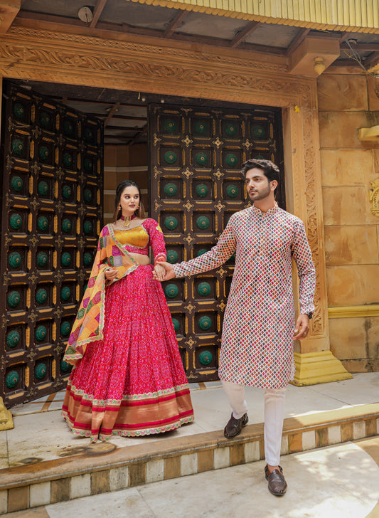 Bandhani Lagdi Patta Lehenga (Full Stitched) Couple Set