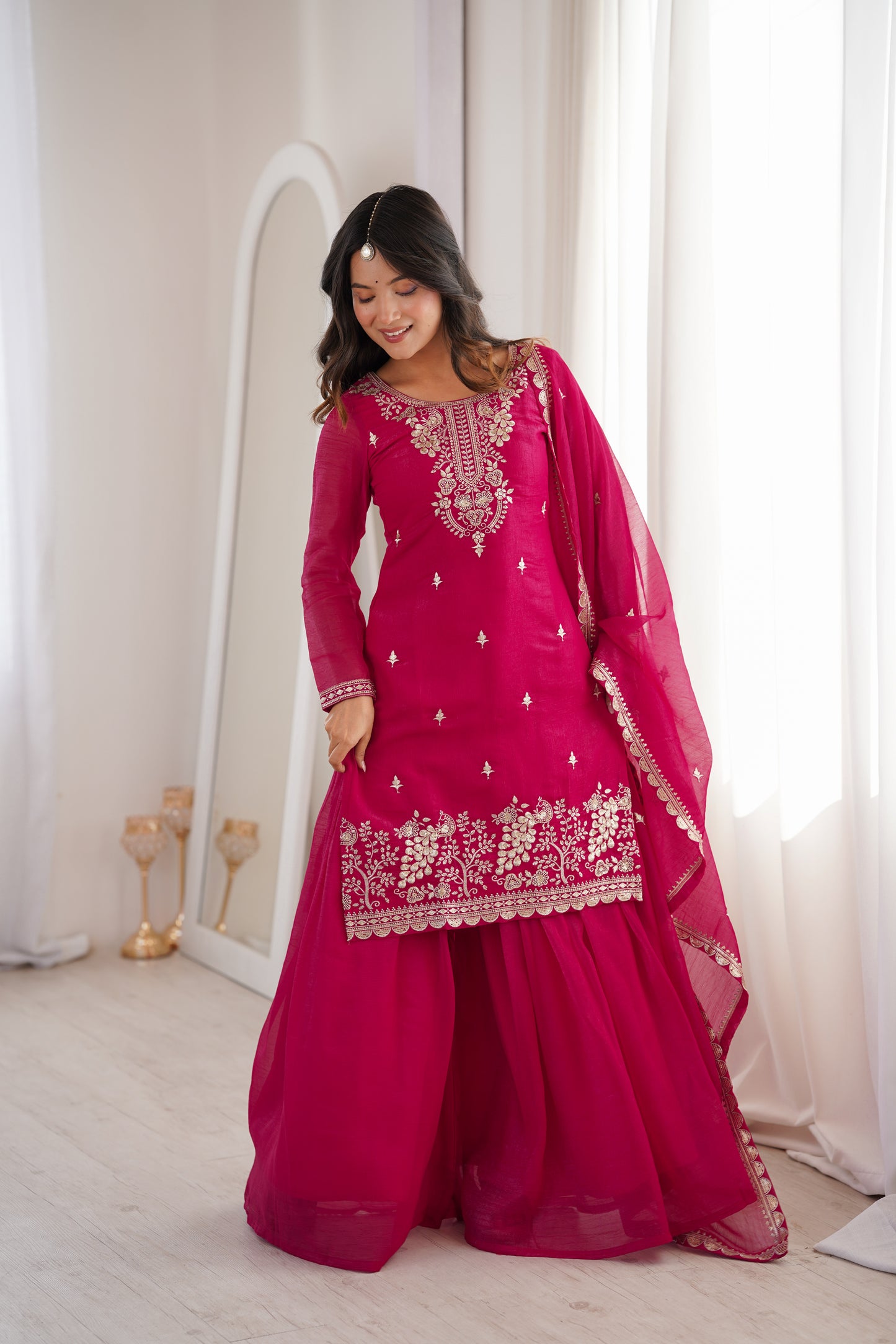 HEAVY PURE SOFT CRUNCHY SILK FABRIC WITH FANCY EMBROIDERY SEQUENCE SUIT