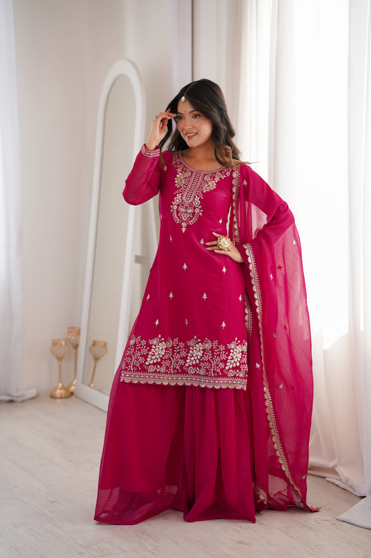 HEAVY PURE SOFT CRUNCHY SILK FABRIC WITH FANCY EMBROIDERY SEQUENCE SUIT