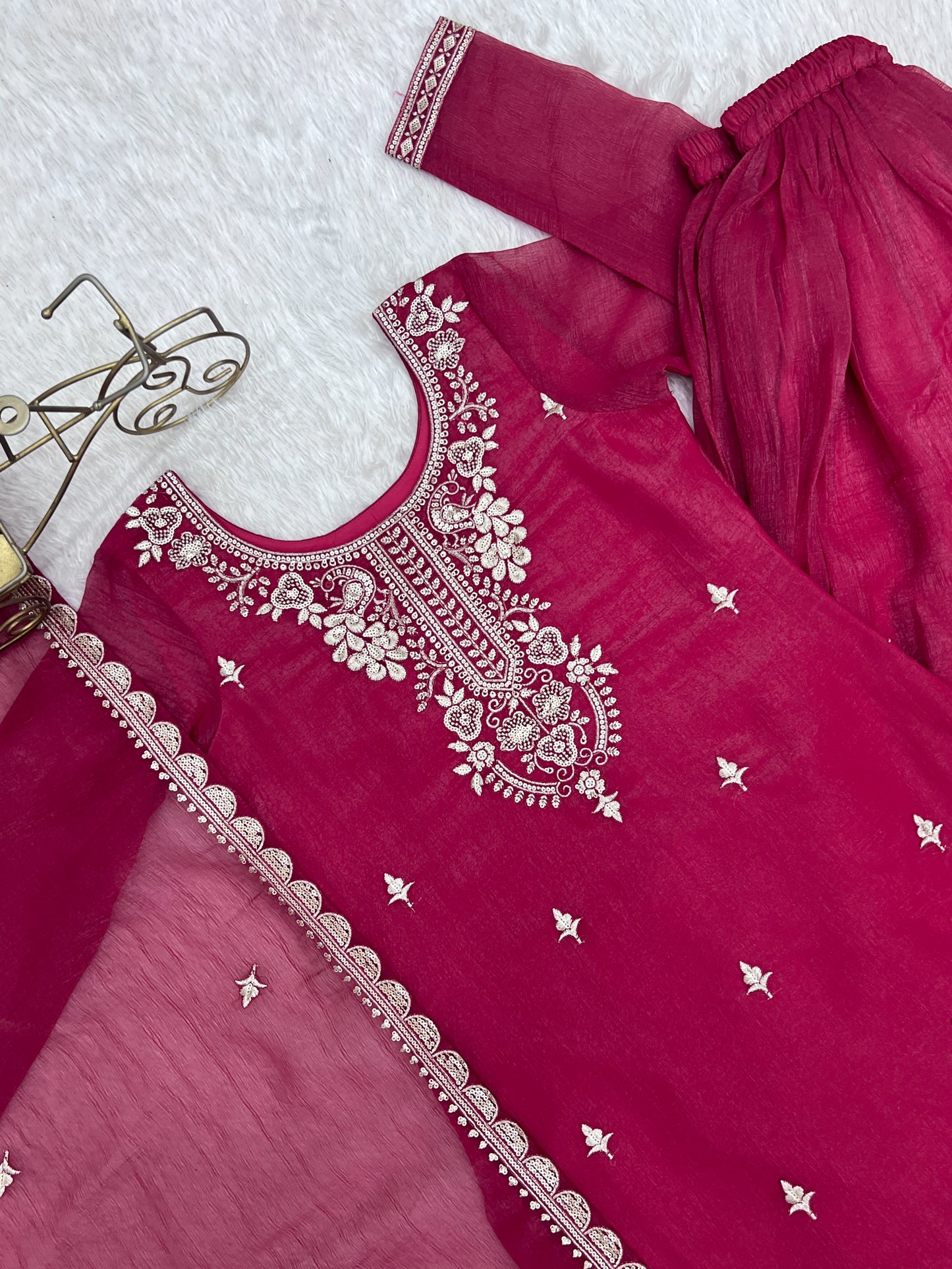 HEAVY PURE SOFT CRUNCHY SILK FABRIC WITH FANCY EMBROIDERY SEQUENCE SUIT