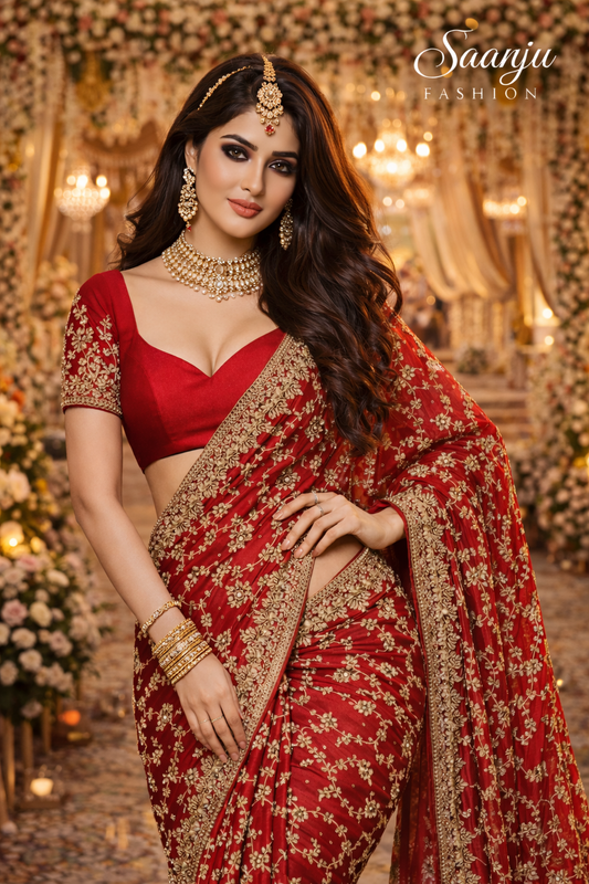Red Full Heavy Diamond Work Bridal Premium Satin Silk Saree