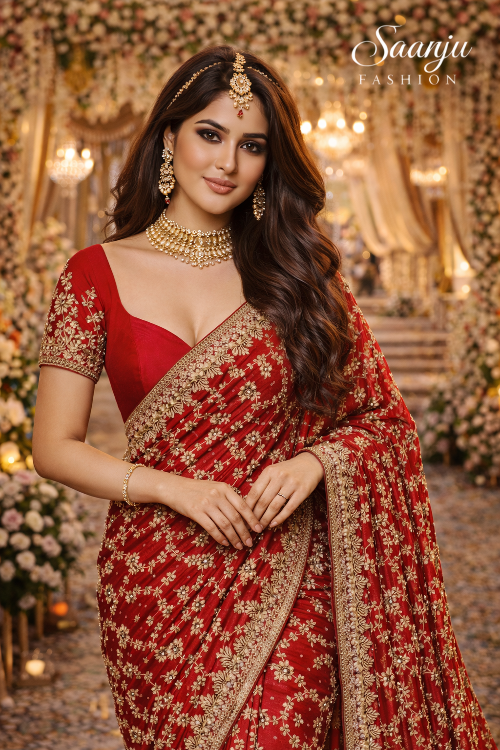 Red Full Heavy Diamond Work Bridal Premium Satin Silk Saree