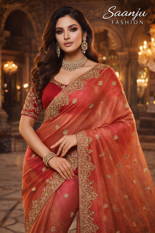 Luxury Pure Tissue Silk Saree with Heavy Stone Embroidery