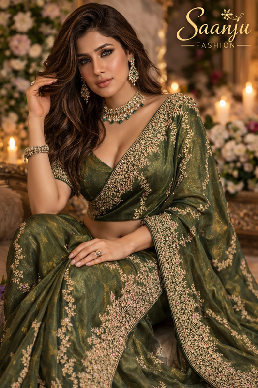 Royal Green GMY Silk Saree with Heavy Jari & Jarkhan Diamond Work