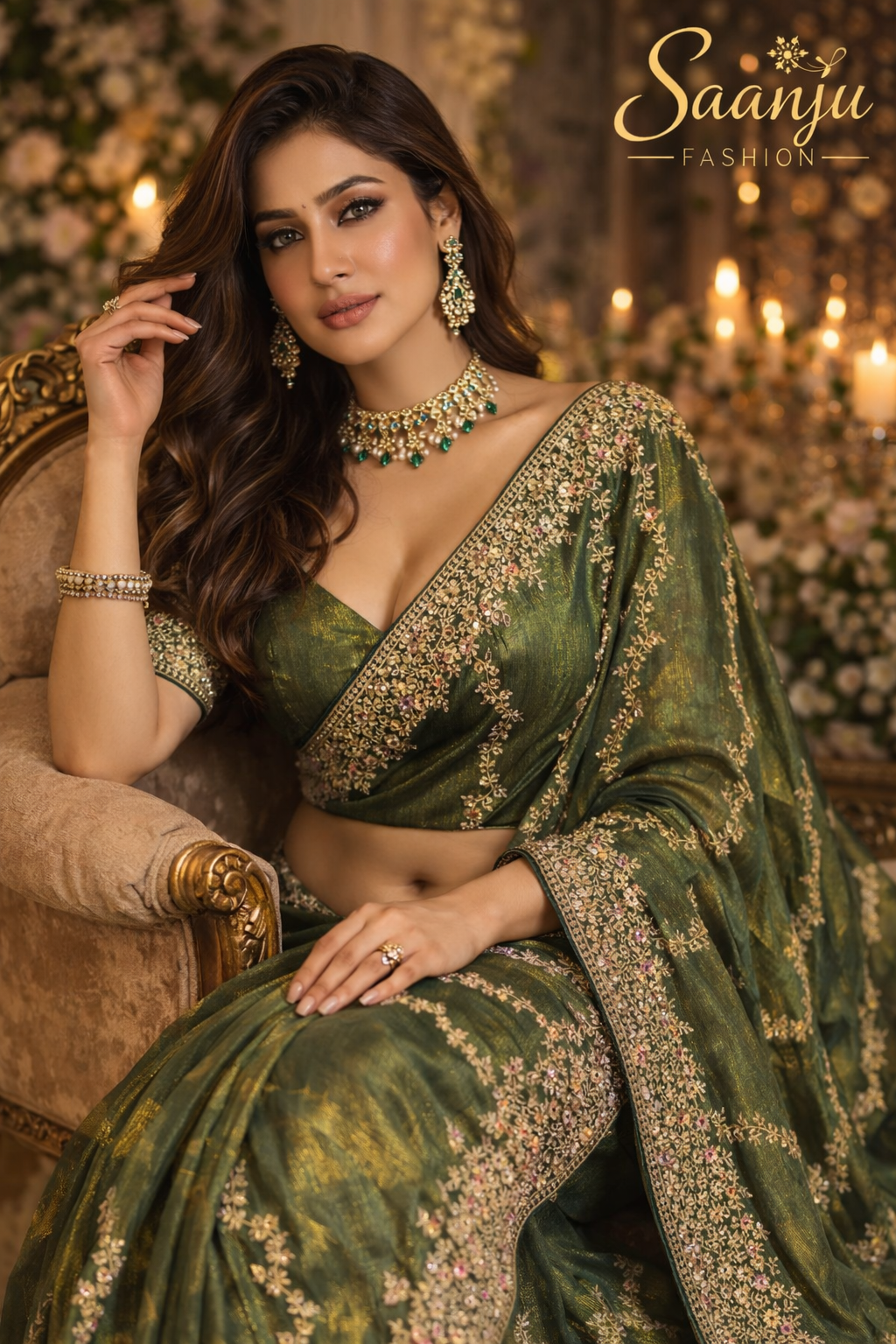 Royal Green GMY Silk Saree with Heavy Jari & Jarkhan Diamond Work