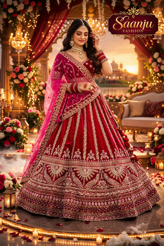 Woman in a traditional red and pink embroidered outfit with 'Saanju Fashion' branding.
