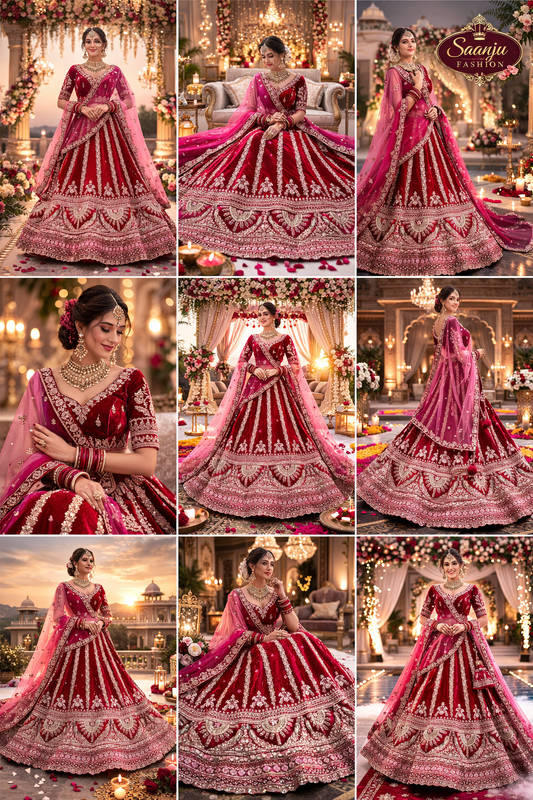 Collage of a woman in a red and pink traditional outfit with intricate designs, set against a festive background.