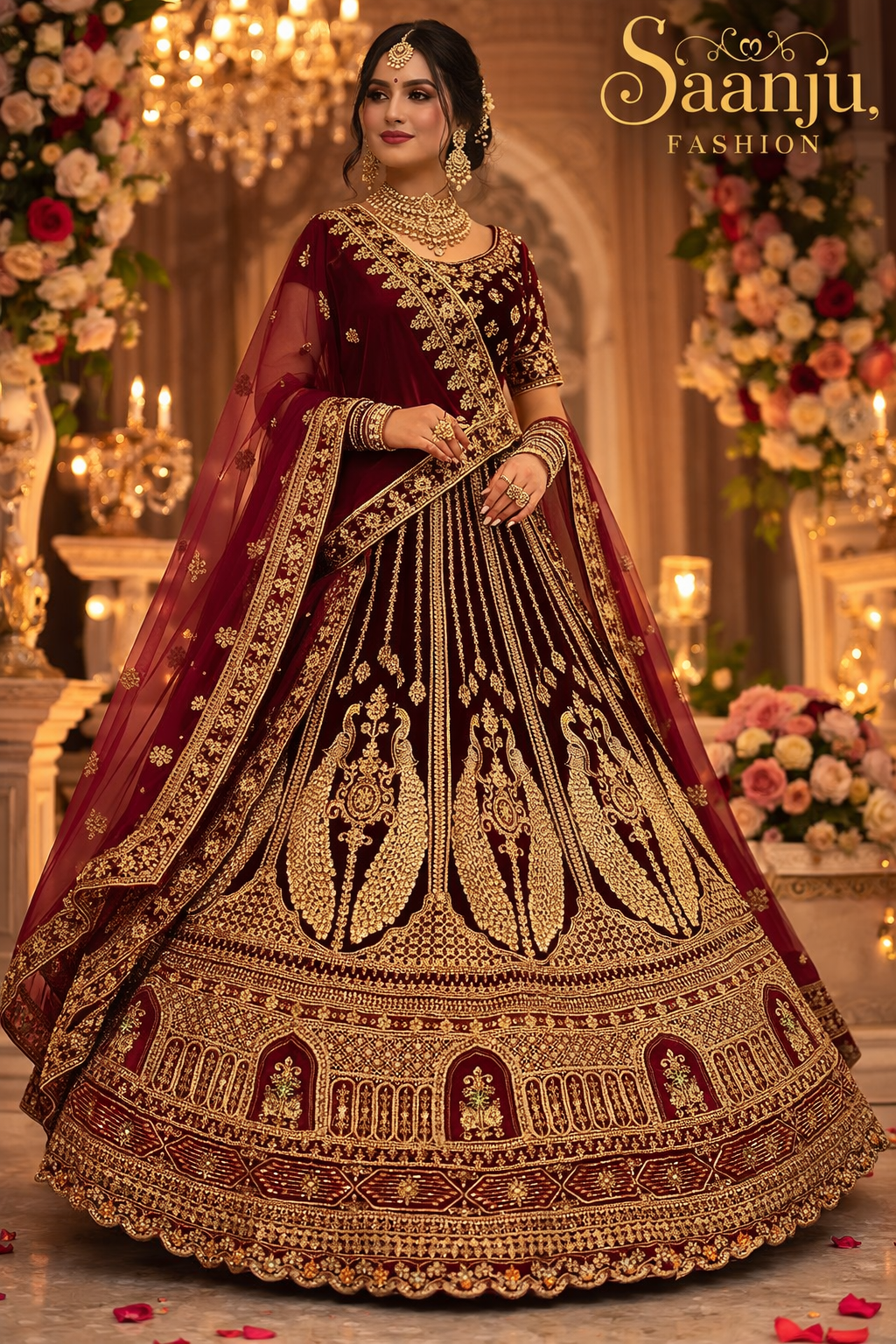 Luxury Marron Velvet Bridal Lehenga With Jarkan diamond embroidery choli