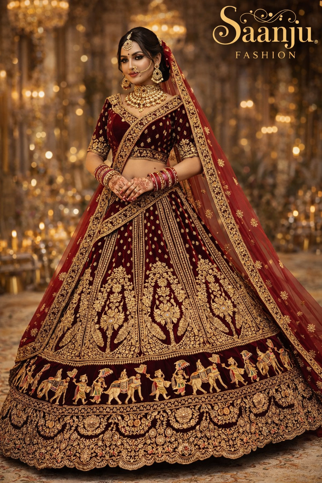 Royal Marron Velvet Jarkan Bridal Lehenga diamond embroidery choli