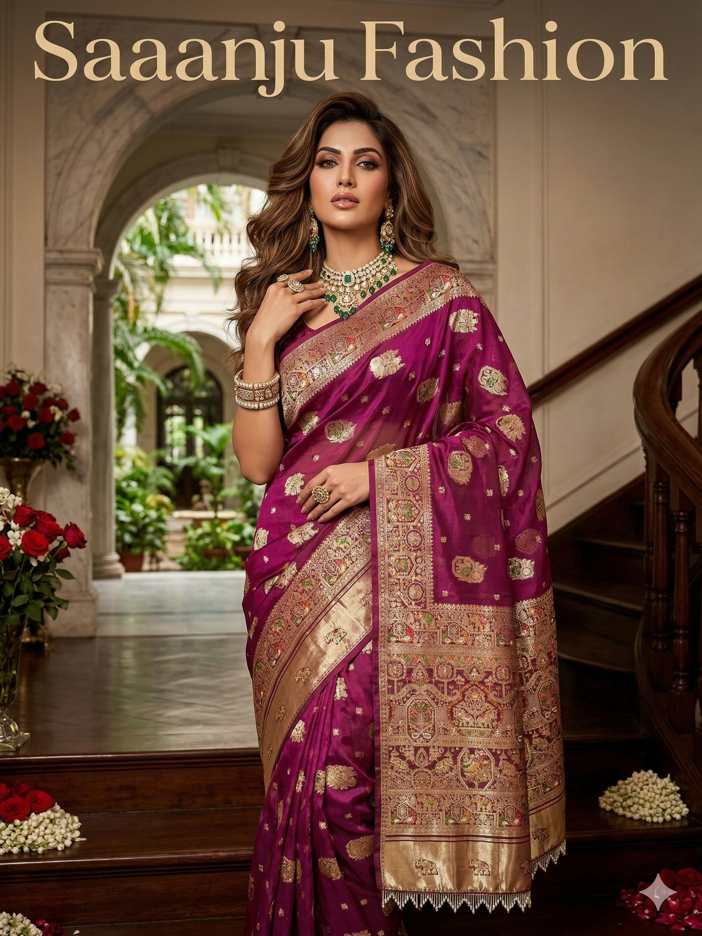 Royal Pure Silk Saree with C-Pallu Heavy Mirror & Moti Work