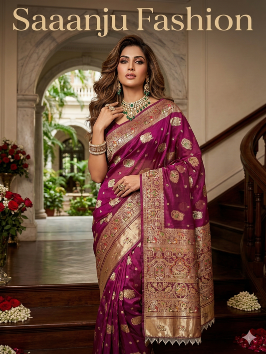 Royal Pure Silk Saree with C-Pallu Heavy Mirror & Moti Work