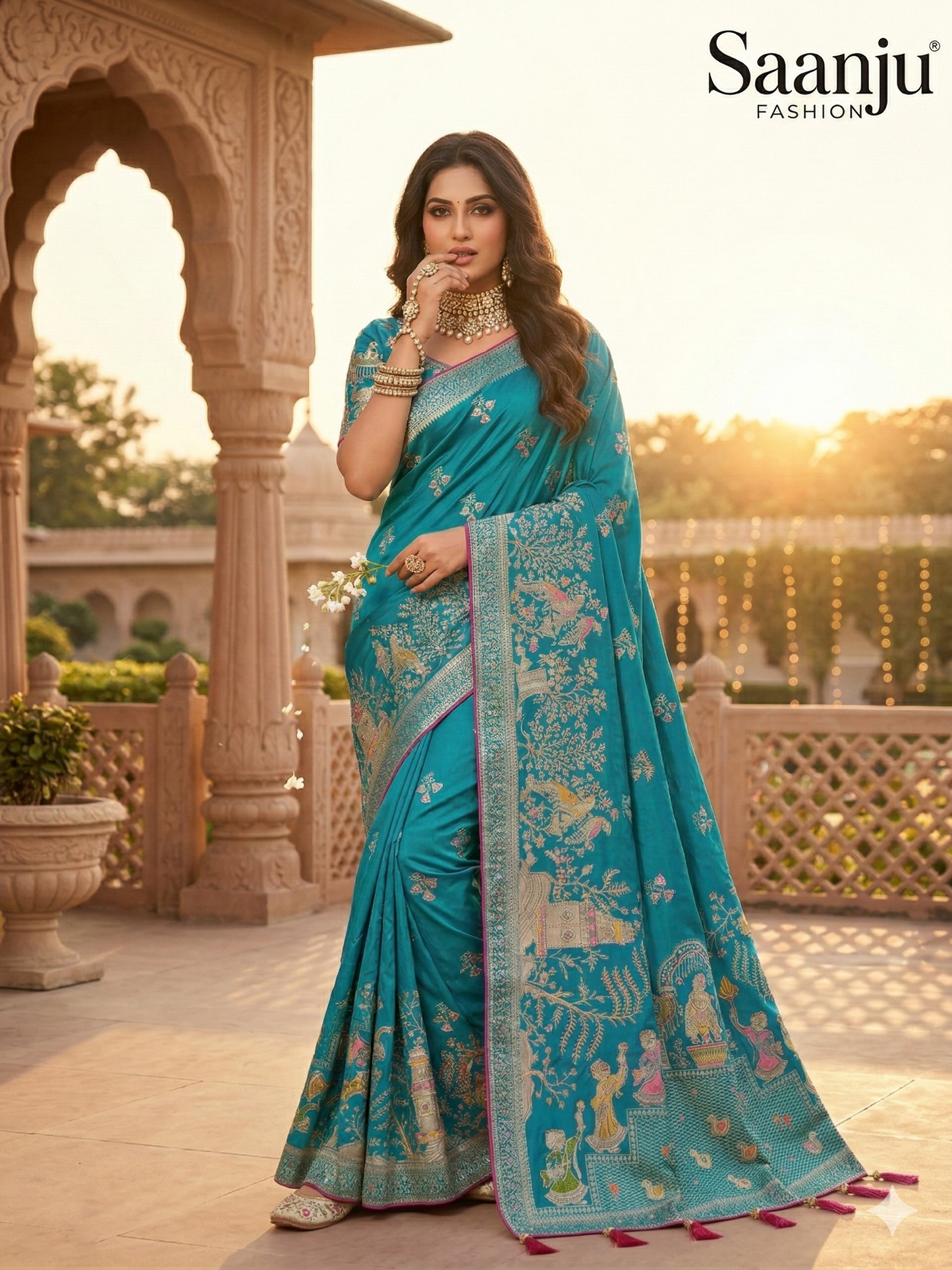 Royal Blue Pashmina Silk Saree with Gopi Krishna Fancy Artwork