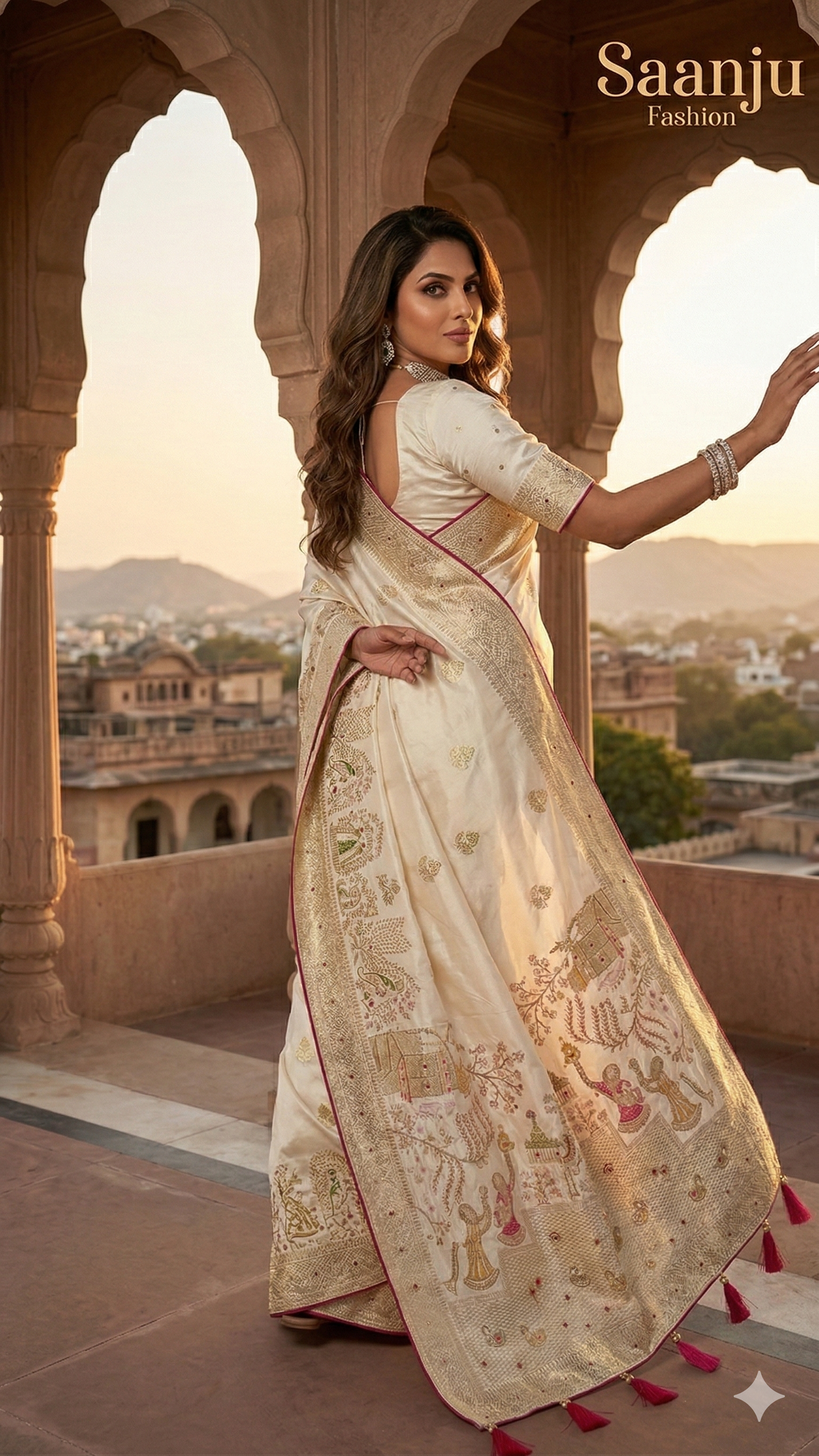 Premium Pashmina Silk Saree with Gopi Krishna Fancy Artwork