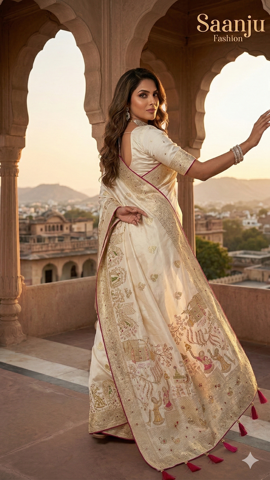 Premium Pashmina Silk Saree with Gopi Krishna Fancy Artwork