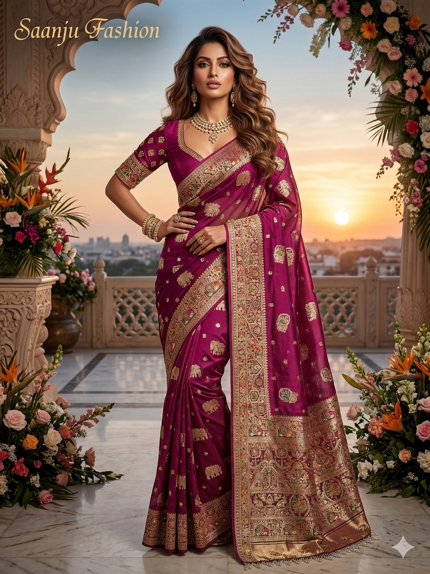 Royal Pure Silk Saree with C-Pallu Heavy Mirror & Moti Work