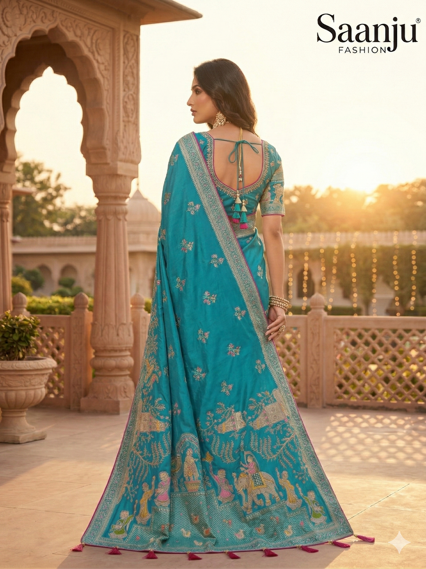 Royal Blue Pashmina Silk Saree with Gopi Krishna Fancy Artwork