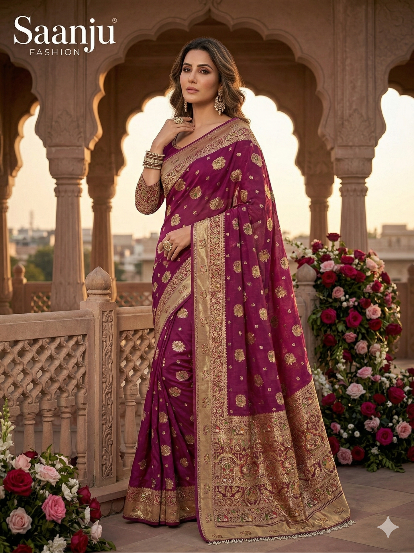 Royal Pure Silk Saree with C-Pallu Heavy Mirror & Moti Work
