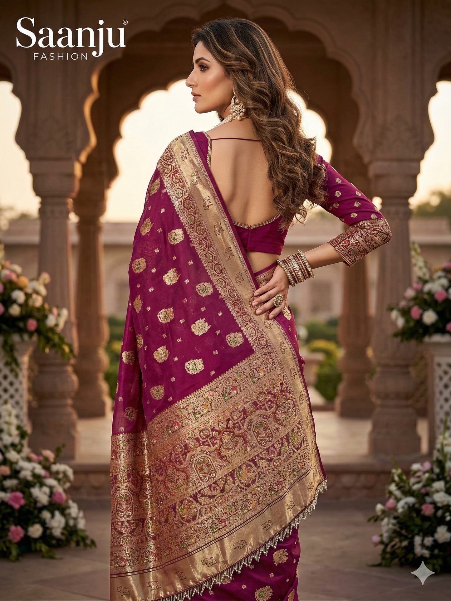 Royal Pure Silk Saree with C-Pallu Heavy Mirror & Moti Work