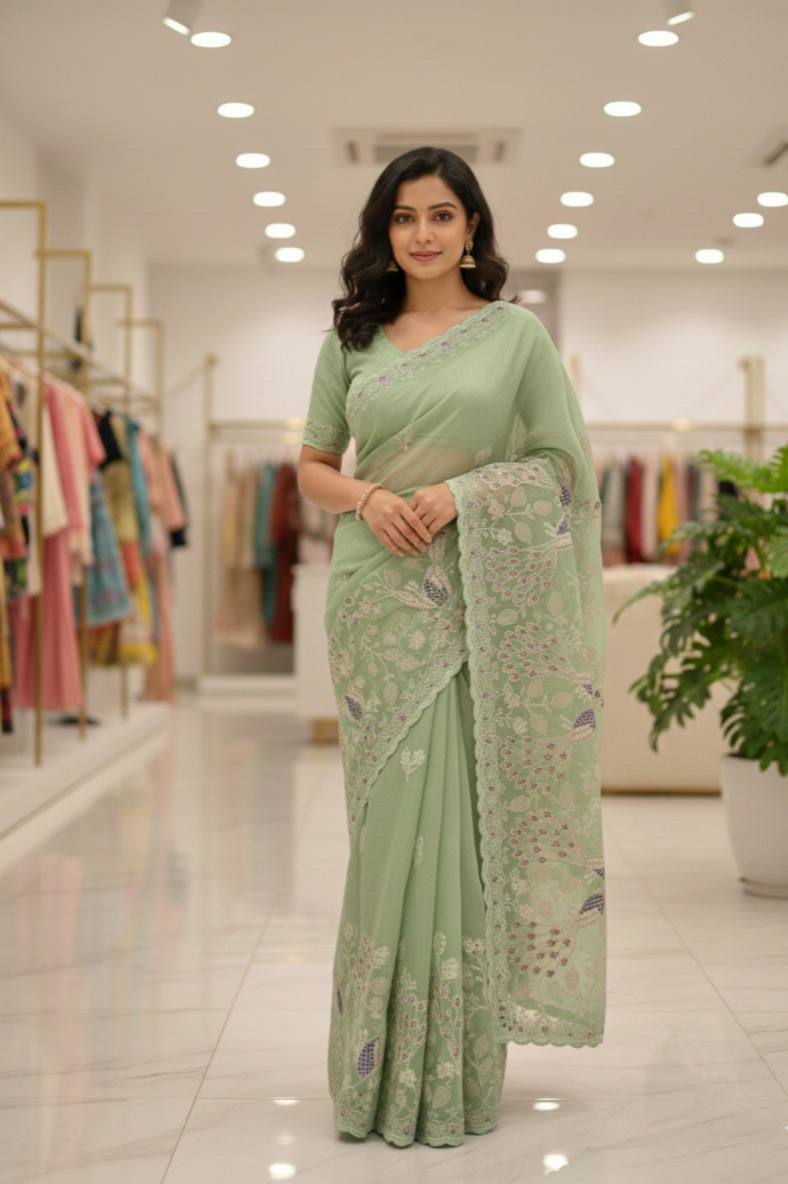 Pure Soft linen coton silk with digital print and Khatli and foil work saree
