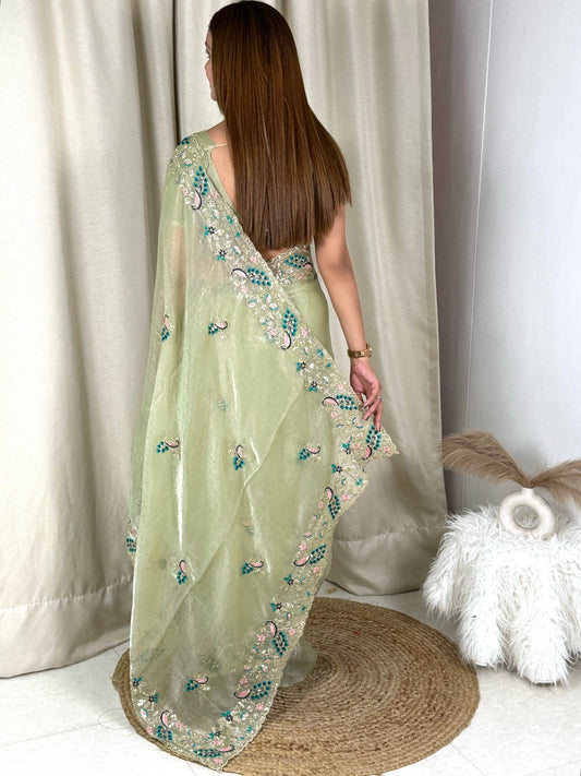 Fandy chiffon Sequins & multi thread embroidered work in saree